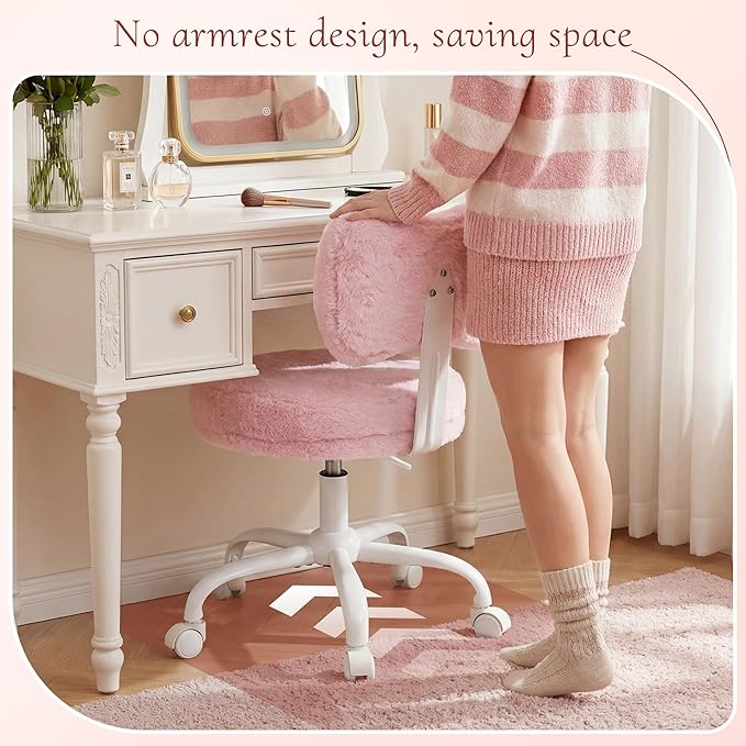 Vanity Chair with Wheels, Pink Desk Chair with Cute Bow Backrest, Fluffy Faux Rabbit Fur Small Office Chair for Vanity, Make-up Room, Bedroom, Dorm, Small Space, Height Adjustable, Pink