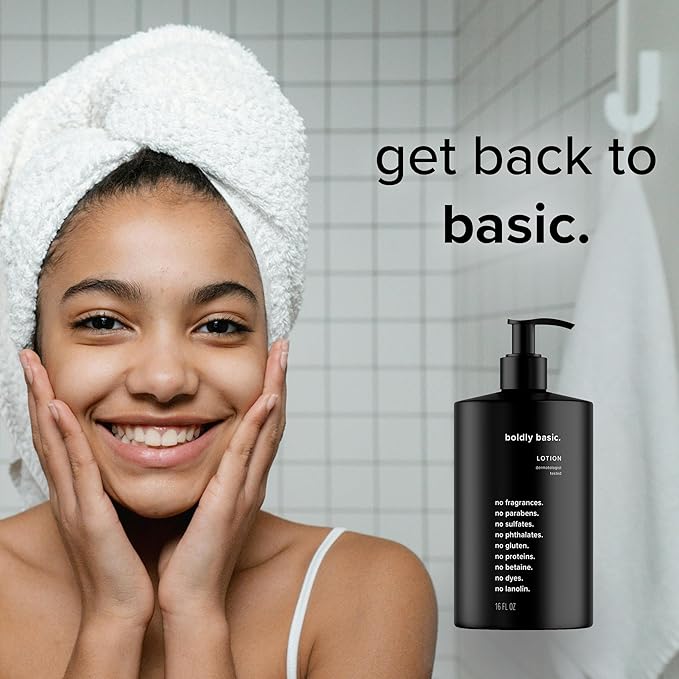 Boldly Basic Fragrance Free Lotion - Moisturizer for Dry and Sensitive Skin - Non Greasy - Unscented - Dermatologist Tested - No Sulfates, Parabens or Gluten - Hypoallergenic & Moisturizing (16 oz)