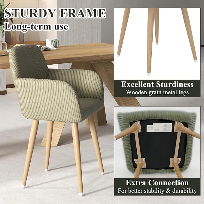 Home Office Desk Chair Set of 4, Corduroy Fabric Vanity Chair for Makeup with Hollow Backrest, Comfy Armchair Wood Frame with Strudy Metal Legs, Dark Green