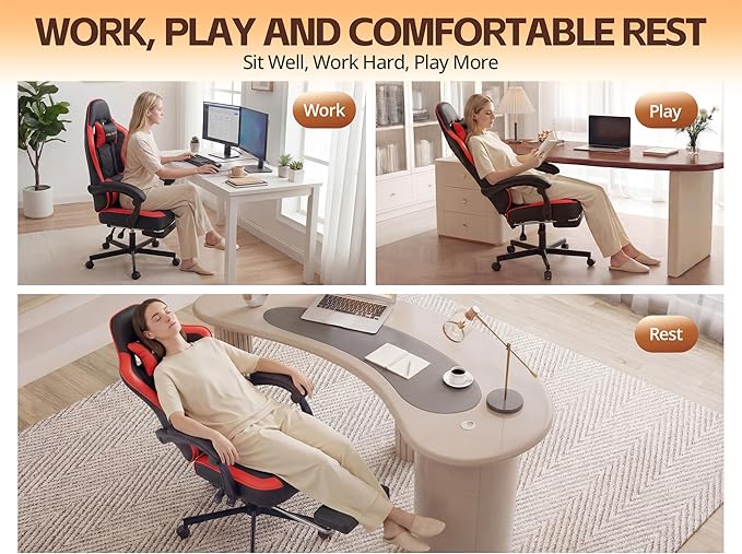 Office Chair Breathable Leather with Pocket Spring Cushion, Wide and High Ergonomic Computer Gaming Chair with Headrest and Footrest for Adult and Teen, Black and Red