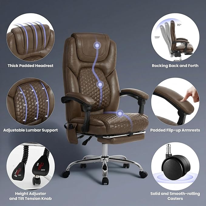 Massage Office Chair Set of 2 with 3-Level Heat and Footrest – 20-Min Easy Assembly, 300 lbs Big and Tall Desk Chair, PU Leather Ergonomic Executive Computer Chair with Side Pocket, Brown