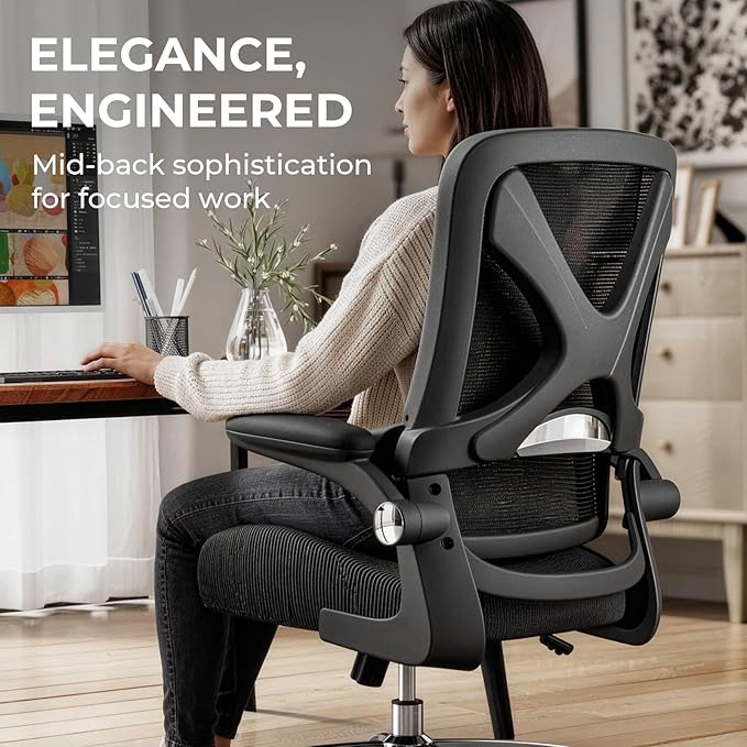 Ergonomic Office Chair Mid Back with Integrated Lumbar Support, Adjustable Height, Thick Memory Foam Seat, Rocking Function, 90° Flip-up Armrests – Comfortable Desk Chair for Home Office