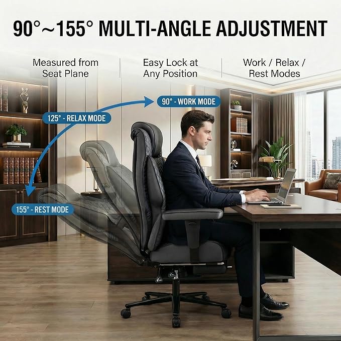Big and Tall Office Chair 500lbs - 23.6" Extra Wide Seat Ergonomic Executive Chair, Heavy Duty Metal Base High Back Leather Office Chair with Footrest, Lumbar Support & Adjustable Arm, Black