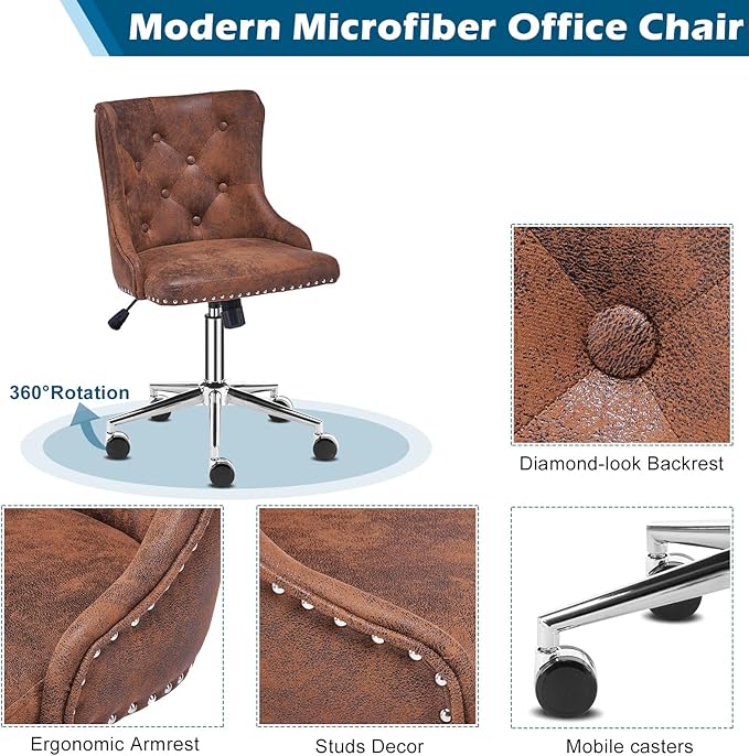 VINGLI Rustic Microfiber Armless Home Office Desk Chair with Silver Base/Wheels, Small Cute Vanity/Makeup Chair with Back for Bedroom, Upholstered Adjustable Rolling Swivel Nail Chair for Women/Girls