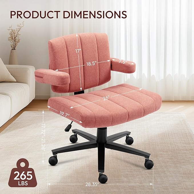 Pink Criss Cross Office Chair with Wheels, Ergonomic Wide Seat Vanity & Dressing Table Chair, Adjustable Arms Swivel Rolling Desk Chair for Women, Comfortable Cross-Legged Support