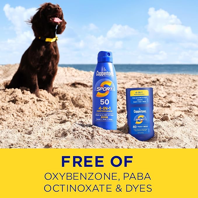 Coppertone Sport Sunscreen Spray SPF 50 (5.5 Oz) + Sport Sunscreen Stick SPF 40 for Face and Body, Travel Size (1.5 Oz), Sweat, Heat and Water Resistant Sunblock, Lightweight, Oxybenzone Free
