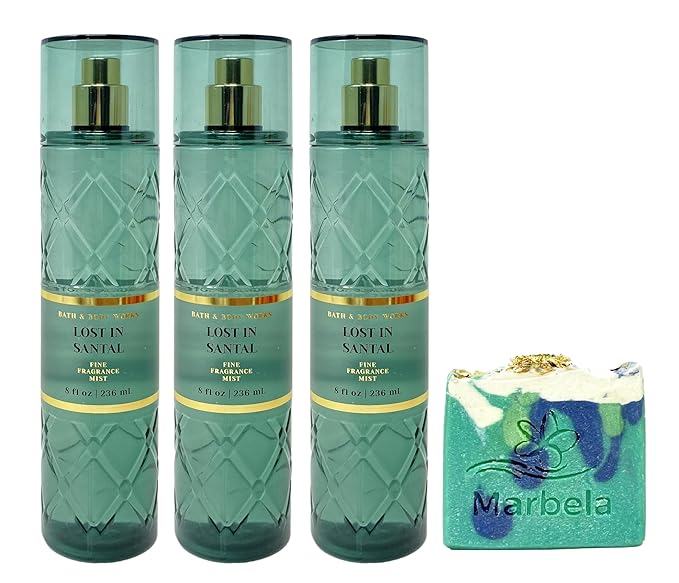 Bath & Body Works Lost In Santal 3 Pack Fine Fragrance Mist Set with an Aloe Vera Bar Soap - Full Size