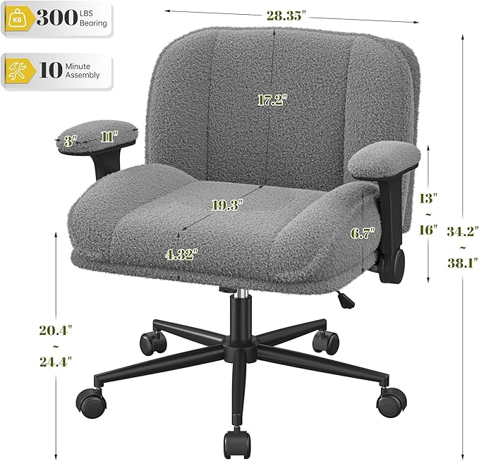 Cross Legged Office Chair with Flip-Up Arms,Oversized Criss Cross Chair with Wheels,Wide & Extra-Deep Seat Thickened for Home Office,Vanity, Bedroom,Apartment Dorms,Plush Cushion,Comfy,Grey
