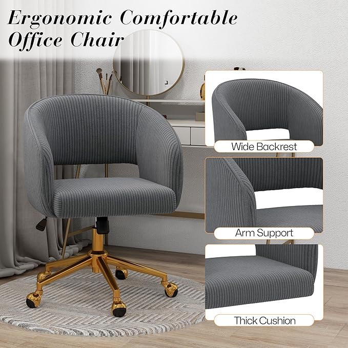 Home Office Swivel Desk Chair, Modern Corduroy Vanity Chair, Height Adjustable Armchair with Gold Base, Ergonomic Office Chair for Task Study Computer Room, Gray