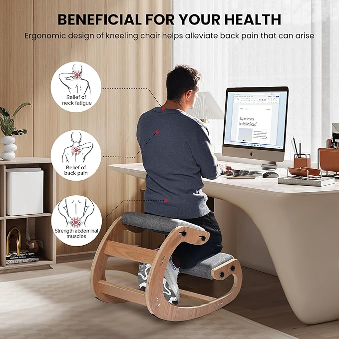 Easyego Kneeling Chair Ergonomic Posture Chair, Wood Adjustable Rocking Knee with Soft Padding, Natural Relief for Neck or Back Pain for Home Office, Max Load 300 lb - Gray