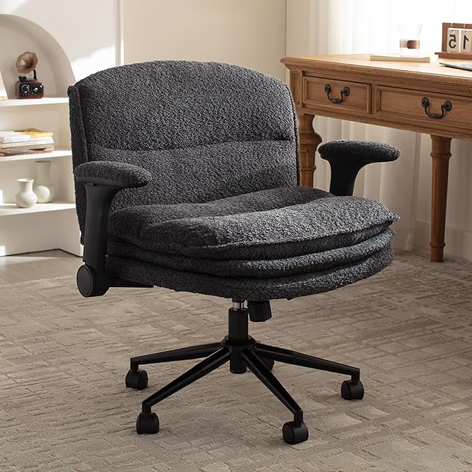 Dowinx Criss Cross Chair with Adjustable Flip-up Arms and Wheels, Comfort Ergonomic Office Desk Armchair with 3 Layer Cushions, Wide Seat Vanity Chair for Home Office, Living Room, Bedroom, Black
