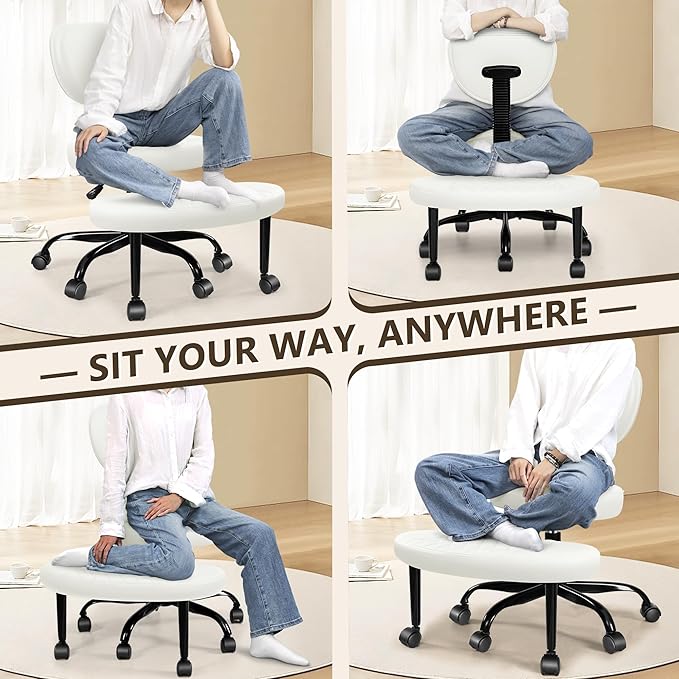 Ergonomic Cross Legged Office Chair with Wheels - Adjustable Height for Meditation, ADHD Desk & Yoga - Wide Criss Cross Design with Lumbar Support, Kneeling Chair - Off White