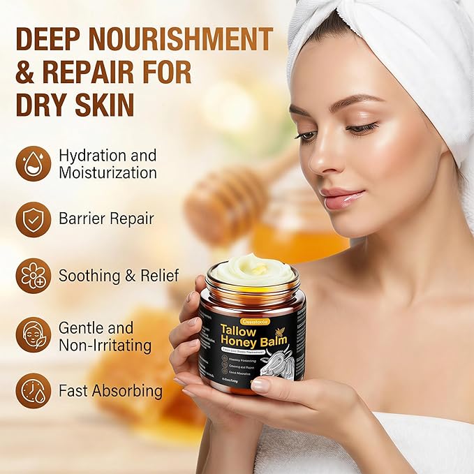 Beef Tallow for Skin,Face,Body - Handmade Whipped Tallow Face Moisturizer& Tallow Balm with 100% Grass-Fed Beef Tallow & Raw Honey,Narural Organic Tallow and honey balm for Men&Women,Unscented,4.23OZ