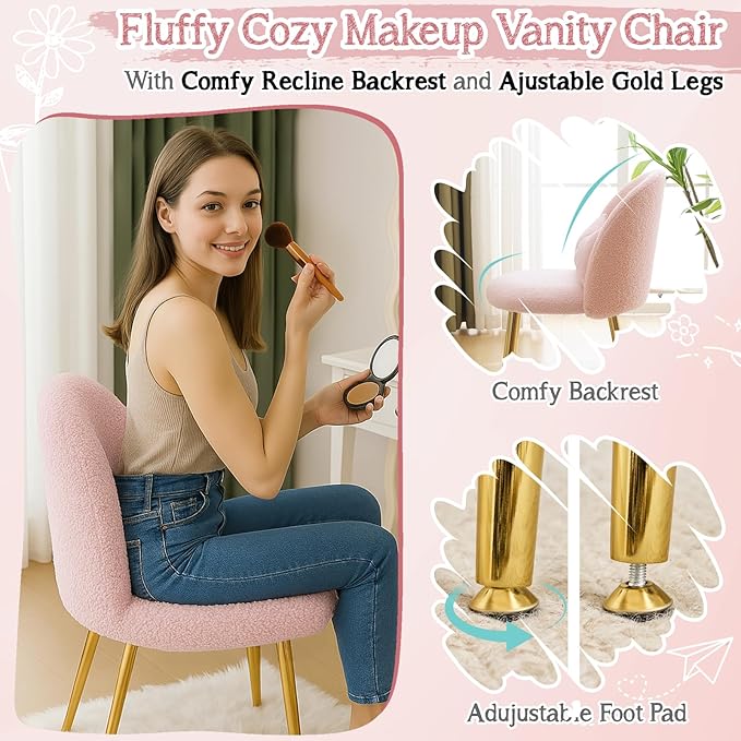 VINGLI Boucle Girls Vanity Chair with Back & Pillow,Cute Small Cozy Desk Chair No Wheels,Comfy Makeup Ch with Ajustable Gold Legs,for Bedroom,Living Room,Small Space,Pink