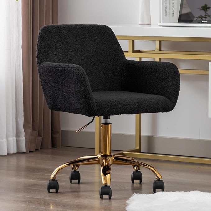 Faux Fur 360°Swivel Desk Chair, Modern Height Adjustable Home Office Armchair with Golden Base for Teens Women Girls, Upholstery Computer Chair for Home Studios, Sherpa & Black