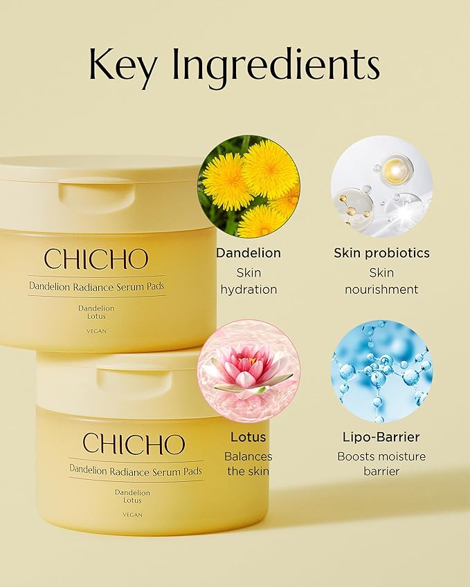 CHICHO Dandelion Radiance Serum Pads (90 Pads) – Jumbo 8cm Quick Mask Toner Pads – 80.2% Dandelion Biome + Lotus, Vegan pH 5.2, Sensitive Skin