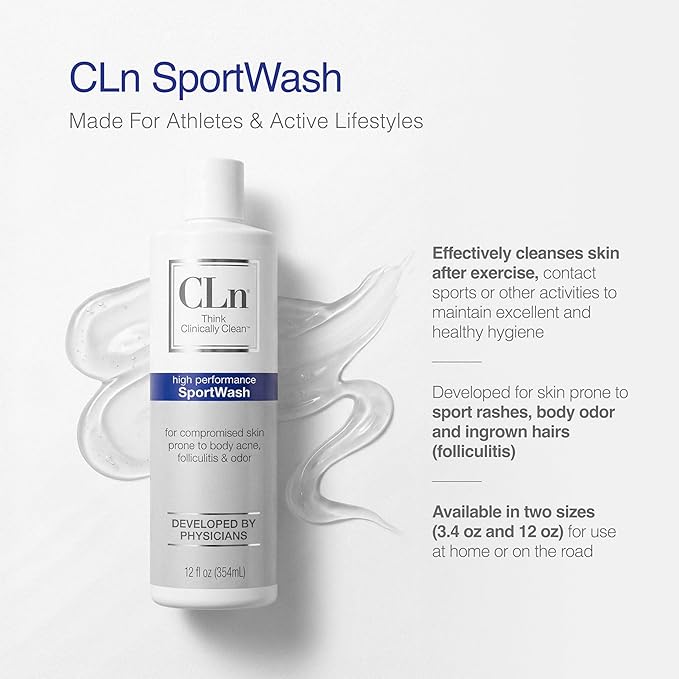 CLn® SportWash – High-Performance Sport Body Wash, For Men & Women Prone to Body Odor, Foot Odor, Ringworm, Folliculitis, & Back Acne, Fragrance-Free & Paraben-Free, 12 fl. oz.