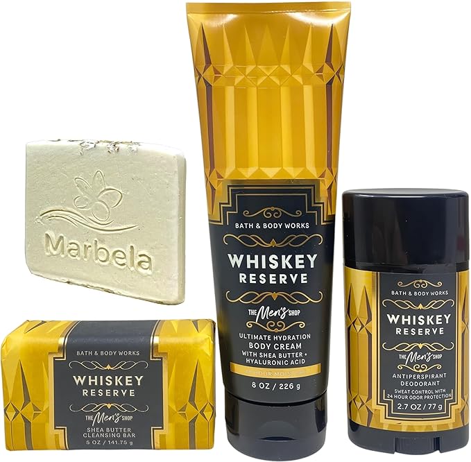 Bath & Body Works Men's Collection Whiskey Reserve Shea Butter Cleansing Bar Soap, Antiperspirant Deodorant and Ultimate Hydration Body Cream with Natural Oats Sample Soap