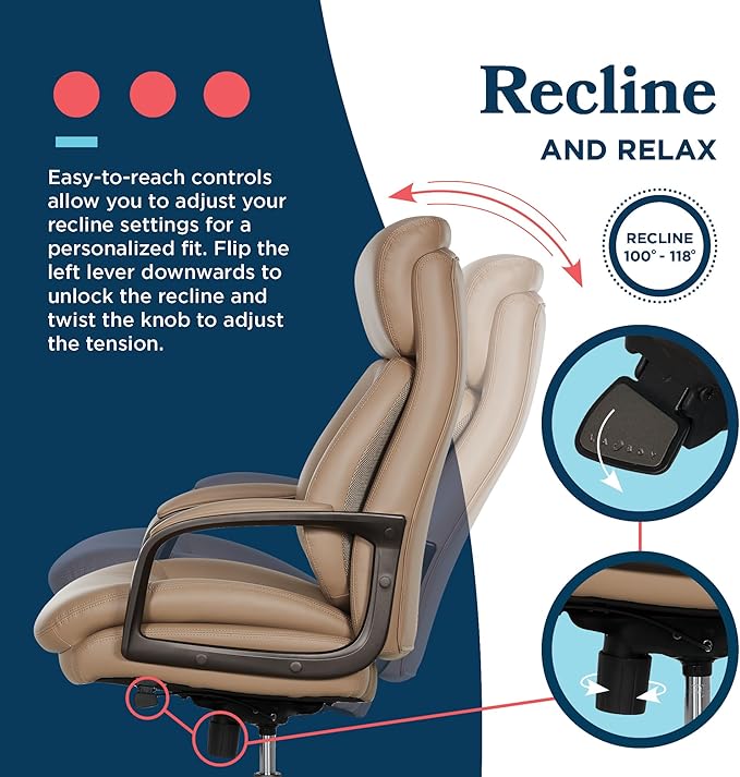 La-Z-Boy Nova Executive Office Chair - Ergonomic High Back Desk Chair with AIR Lumbar Support - Comfortable Computer Chair for Home Office - Vegan Leather - Light Tan
