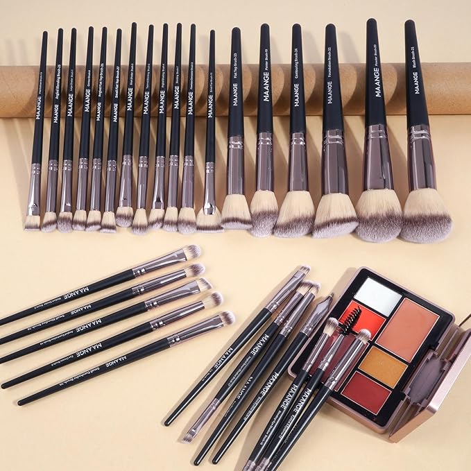 MAANGE 30Pcs Professional Makeup Brush Set with Case – Premium Synthetic Brushes for Foundation, Powder, Blush, Eyeshadow & Blending,Black Coffee