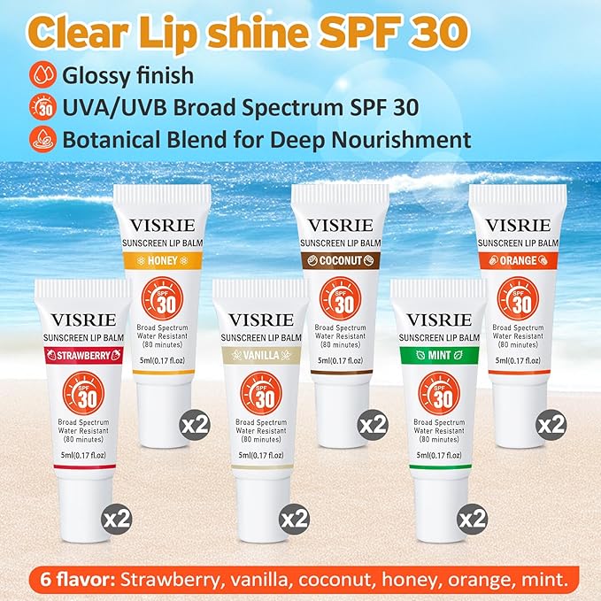 SPF 30 Sunscreen Lip Balm 12 Pack,Clear SPF Lip Gloss UVA/UVB Sun Protection, Moisturizing Lip Sunscreen with Vitamin E and Shea Butter, Travel Sunscreen for Lips