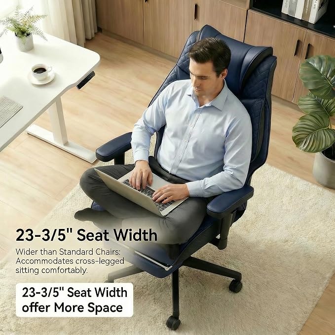 Big and Tall Office Chair 500lbs - 23.6" Extra Wide Seat Ergonomic Executive Chair, Heavy Duty Metal Base High Back Leather Office Chair with Footrest, Lumbar Support & Adjustable Arm, Blue