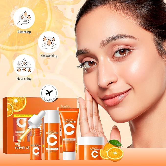 4-in-1 Skincare Kit for Women, Vitamin C Skincare Kit with Facial Cleanser, Toner, Serum and Face Cream