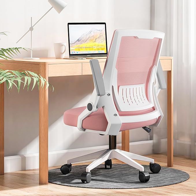 GTPOFFICE Ergonomic Office Chair, Computer Desk Chair Comfy with Adjustable Lumbar Support, Mid-Back Mesh Office Chair with Flip-up Armrest, Tilt Function Task Chair for Home, Bedroom, Gaming, Pink