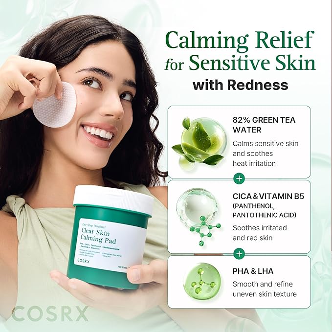 COSRX OneStep Original Clear Skin Calming Pad, 100 Pads, Dual-Sided Facial Pad for Soothing, Barrier Strengthening & Gentle Exfoliation with 82% Green Tea Water, Cica, PHA, LHA, Korean Skin Care