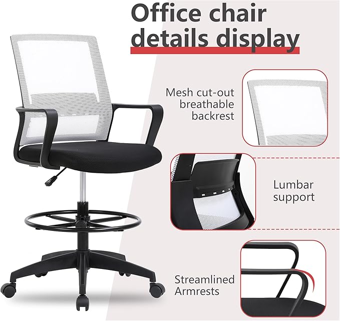 BestOffice Drafting Chair Tall Office Chair Adjustable Swivel Rolling Mesh Height with Lumbar Support Arms Footrest Mid Back for Adults Standing Desk Drafting Stool (Beige)