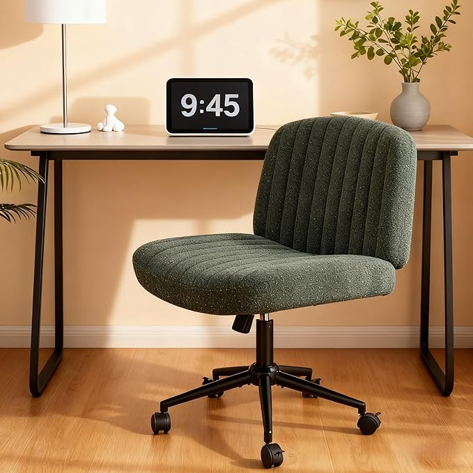 Dowinx Criss Cross Chair with Wheels, Premium Fabric & Pocket Spring Cushion, Adjustable Swivel Wide Seat, Modern Computer Vanity Chair for Home Office, Deep Green