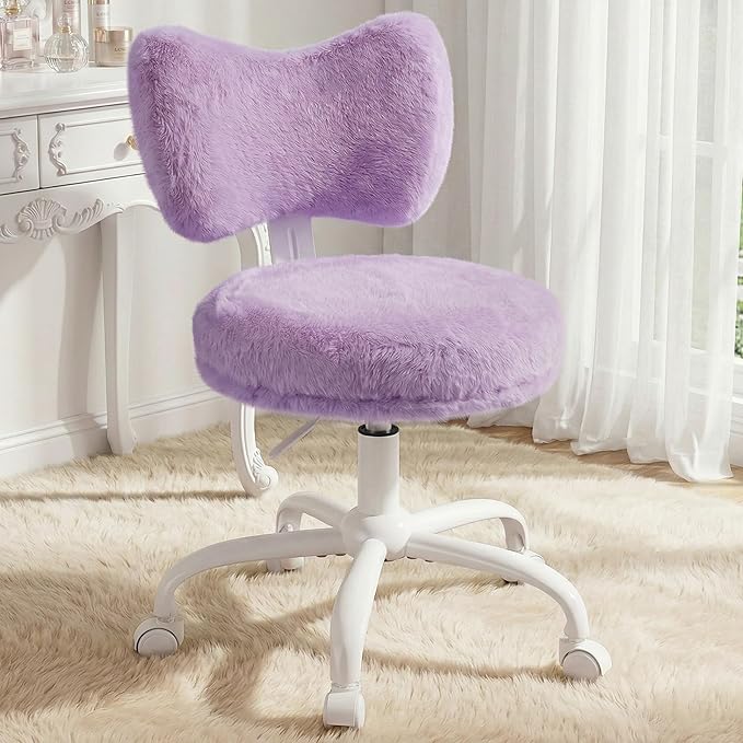 Vanity Chair with Wheels, Cute Desk Chair with Bow Backrest, Fluffy Faux Rabbit Fur Small Office Chair for Vanity, Make-up Room, Bedroom, Dorm, Height Adjustable, Purple