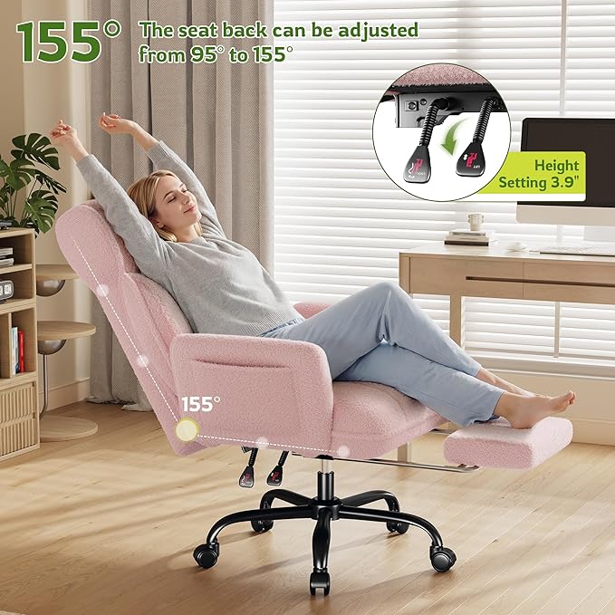 Big and Tall Office Chair with Adjustable Arms and Back, Ergonomic Office Chair with Footrest and Comfortable Fabric for Home Office, Bedroom,Pink