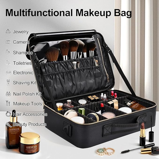 Large Travel Makeup Case, Professional Makeup Train Case Organizer, Portable Cosmetic Brush Bag Holder Waterproof Makeup Artist Storage Box with Adjustable Dividers and Shoulder Strap, Leather Black