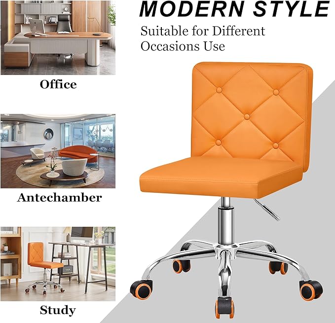 VECELO PU Leather Mid-Back Armless Vanity Chair Adjustable Height 360° Rolling Swivel for Home Office Work
