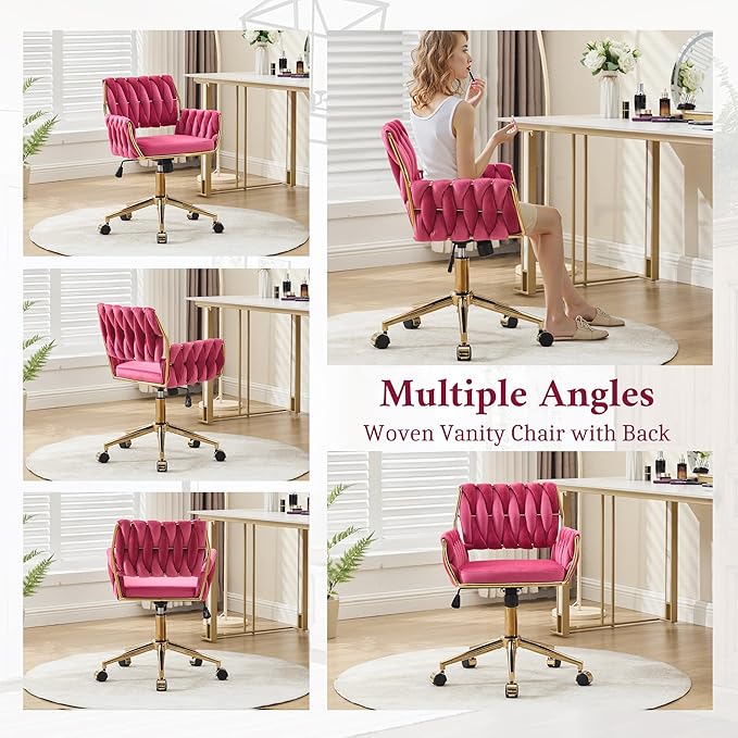 civama Velvet Office Desk Chair with Hand Woven Backrest, 360°Swivel & Height Adjustable Cute Girls Vanity Vlog Chairs, Nail Salon Bedroom Dressing Room Armchair with Gold Base and Wheels (Hot Pink)