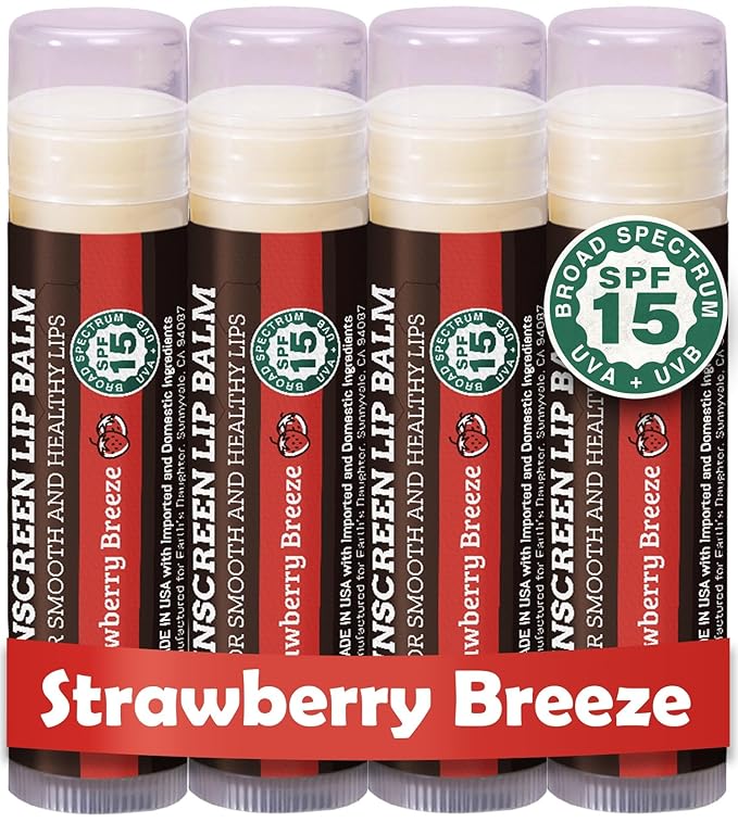 Earth's Daughter SPF Lip Balm 4-Pack Strawberry Flavor - Lip Sunscreen, SPF 15, Organic Ingredients, Beeswax, Coconut Oil, Vitamin E - Hypoallergenic, Paraben Free, Gluten Free