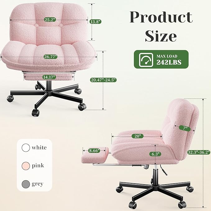 Cross Legged Office Chair with Foot Rest, 6.3" Thick Cushioned Criss Cross Chair with Wheels, Height Adjustable Swivel Vanity Chair for All-Day Comfort (Pink)