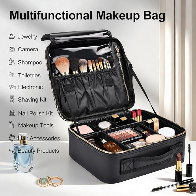 Travel Makeup Bag with Brush Holder, Professional Cosmetic Train Case Organizer for Women, Portable Travel Makeup Brush Carry Case Cosmetic Artist Storage Box with Adjustable Dividers, Leather Black