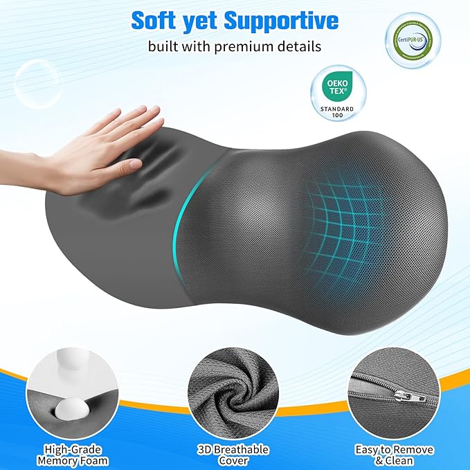 Lumbar Support Pillow for Office Chair - Memory Foam Lumbar Pillow with Detachable Strap & Breathable Cover, Ergonomic Back Support for Office Chair, Car Seat Cushion, Bed Rest (Grey)