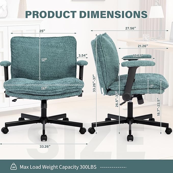 Criss Cross Legged Office Chair with Wheels and Flip-Up Arms, Upholstered Criss Cross Desk Chair, Wide Seat Chairs for Home Office, Vanity, Apartment, Green