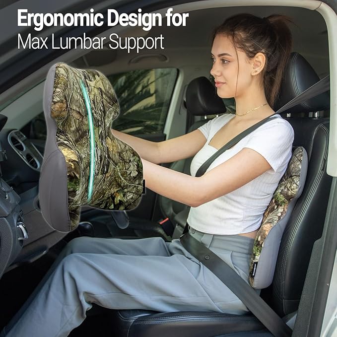 Lumbar Back Support Pillow for Car - Back Support for Medium to Large Vehicles - Soft Memory Foam Car Seat Cushion - Camouflage Back Pain Relief for Office Chair, Gaming Chair, Recliner, Mossy Oak