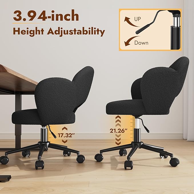 Petal Vanity Chair, Black Vanity Chair with Wheels & Lumbar Support, Height Adjustable, Velvet Cute Desk Chair for Study, Makeup & Relaxation