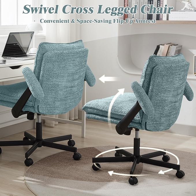 Criss Cross Legged Office Chair with Wheels and Flip-Up Arms, Upholstered Criss Cross Desk Chair, Wide Seat Chairs for Home Office, Vanity, Apartment, Light Green