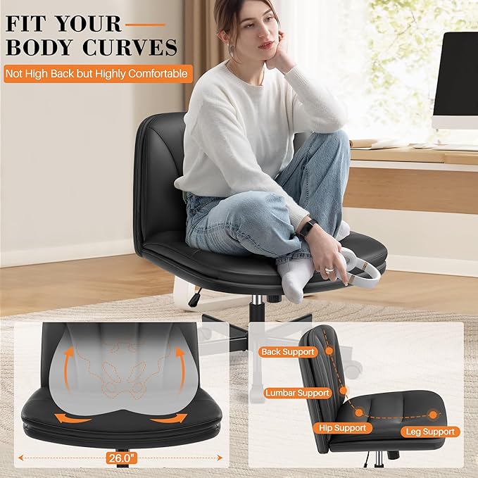 FelixKing Criss Cross Chair with Wheels, Cross Legged Office Chair, Armless Wide Vanity Desk Chair with 2 Layer Comfty Velvet & Back - Swivel for Home Office Bedroom, Dark Black
