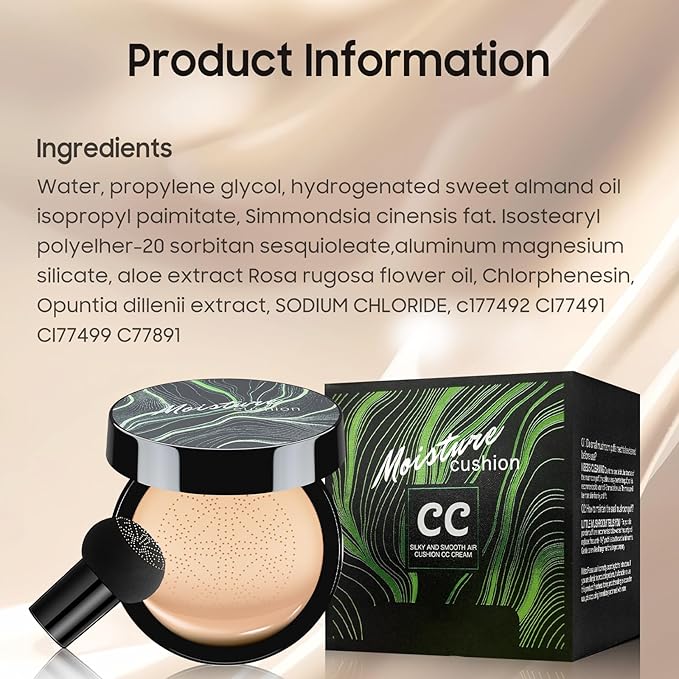 Air Cushion CC Cream Foundation - Mushroom Head BB Creams, Long Lasting Concealing Brightening, Moisturizer Face Cream,Facial Skin Care Makeup For All Skin Types, Gifts for Women (Ivory)