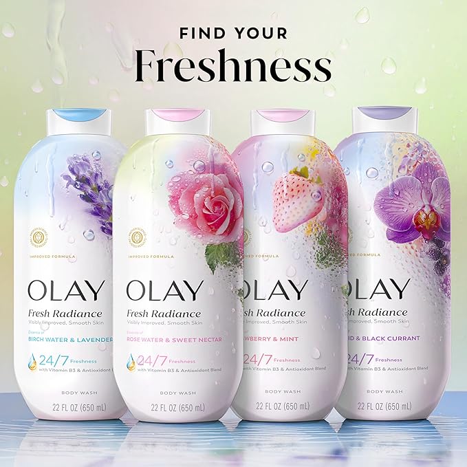 Olay Body Wash for Women, Fresh Radiance, 24/7 Skin-Loving Freshness, Visibly Radiant, Plant Based Cleansers, Vitamin B3 & Antioxidant Blend, All Skin Types, Rose Water & Sweet Nectar Scent, 22 fl oz
