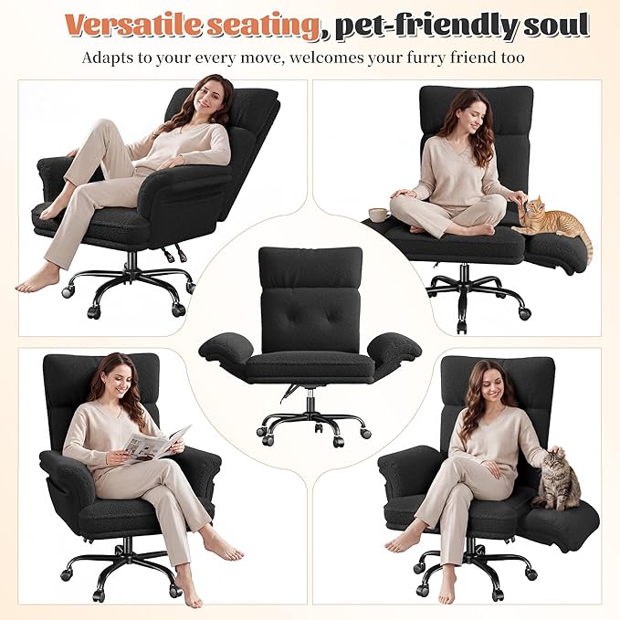 Criss Cross Chair with Wheels and Arms,Teddy Plush Vanity Chair with Side Pockets， Adjustable Home Office Desk Chairs，Computer Chair for Home, Makeup and Office Use,Black