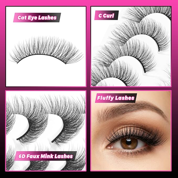 Veleasha Cat Eye Lashes 6D Faux Mink False Eyelashes Fluffy Wispy Strip Lashes Soft 100% Handmade Fake Eyelashes Fox Eye Lash 7 Pairs Pack (Fluffy01)