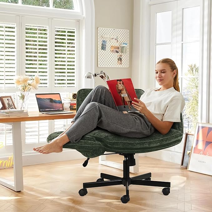 Criss Cross Chair with Wheels & Arms, Chenille Cross Legged Office Chair with 5-level Folding Armrest, Comfortable Adjustable Swivel Vanity Chair for Home, Make Up, Bed Room, Office, Accent (Green)